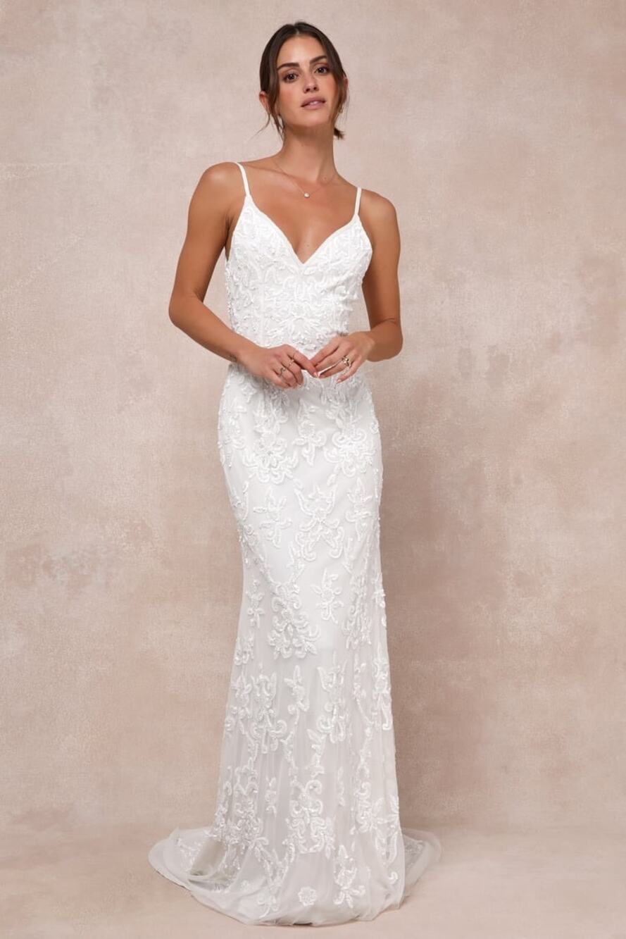 Lulu's Ivory Lace Spaghetti-Strap Wedding Dress